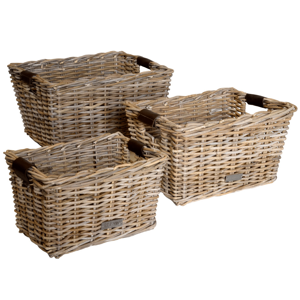 Rectangular Storage basket with leather trim on handles. Grey Kubu. 11/6161