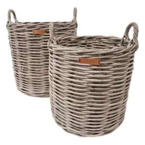 Round Grey Kubu Rattan Log Baskets Eared Handles  Large  50 x 45cm dia  10/8115G