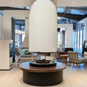 Piazzetta Panoramic wood Burning Fireplace with Tobacco Marvik Base & White Cylindrical Hood - UNUSED EX-DISPLAY OFFER