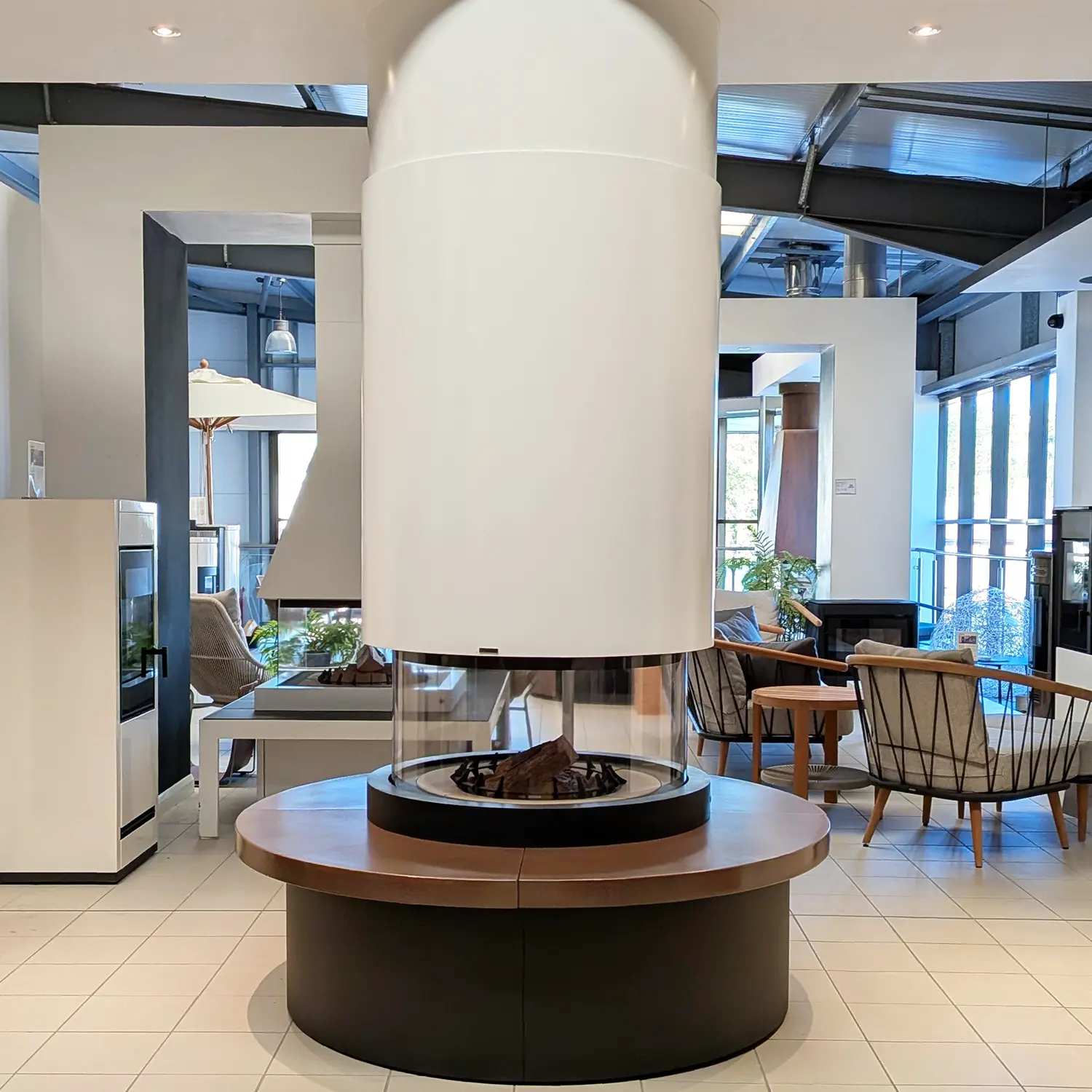 Piazzetta Panoramic wood Burning Fireplace with Tobacco Marvik Base & White Cylindrical Hood - UNUSED EX-DISPLAY OFFER